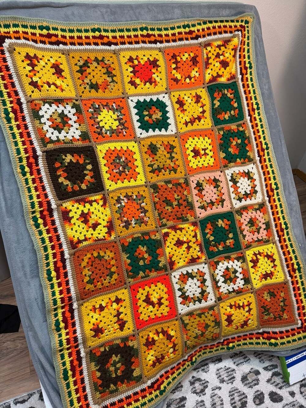 vintage Handmade Crochet Granny Square boho Afghan Blanket Boho Retro Earth Tone